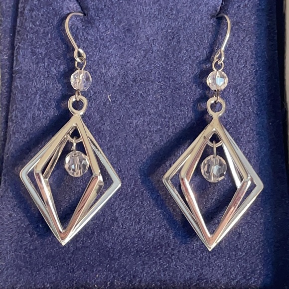 Mischa silver geometric cage drop earrings with crystals 2”. IOB - Picture 2 of 9